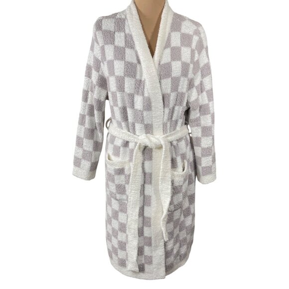 The Styled Collection Feather Yarn Robe Long Grey Cream Check Size S/M - Picture 1 of 6